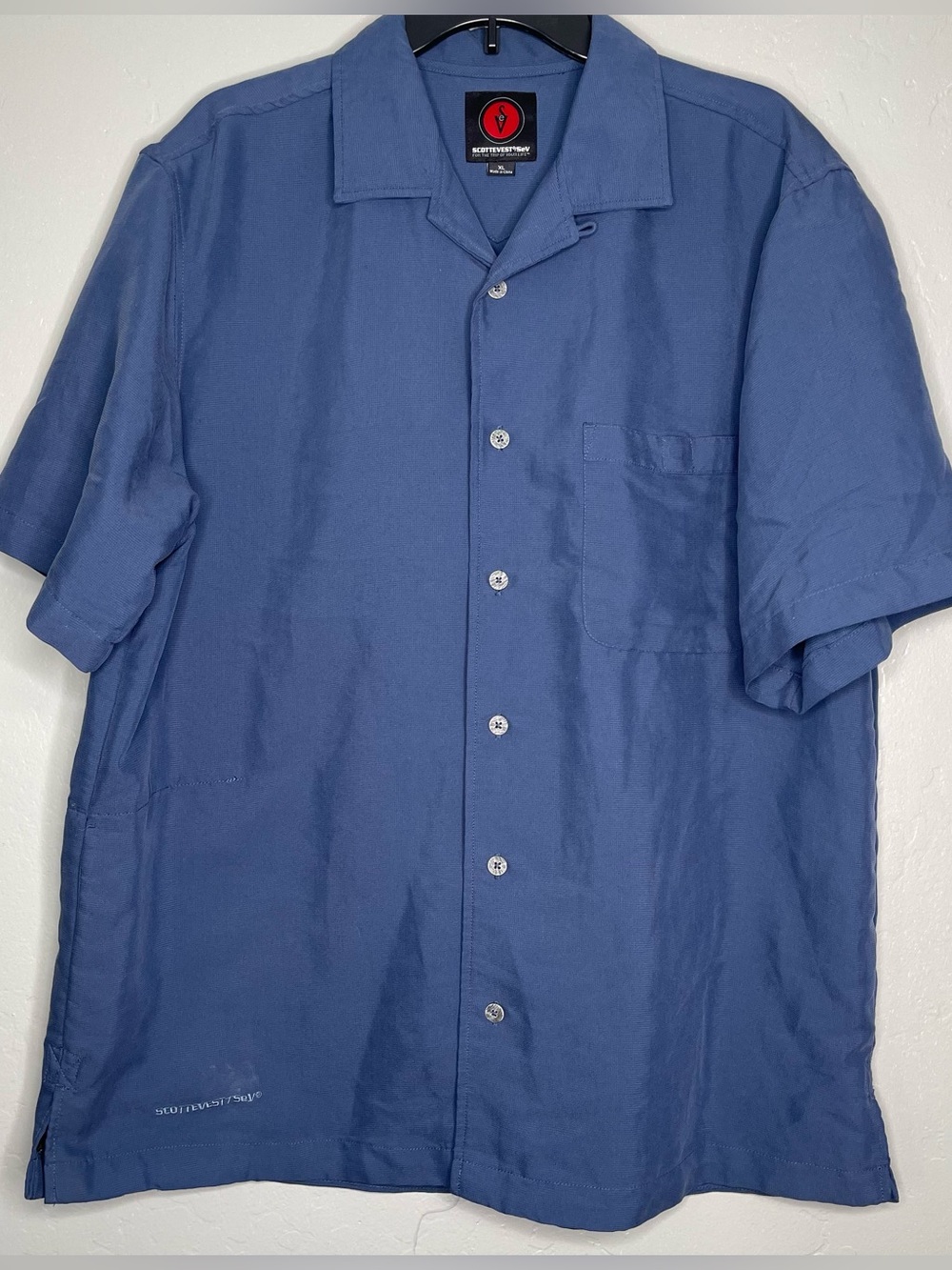 Scottevest Mens Navy Blue Short Sleeve Shirt Button Front Travel Sz XL
